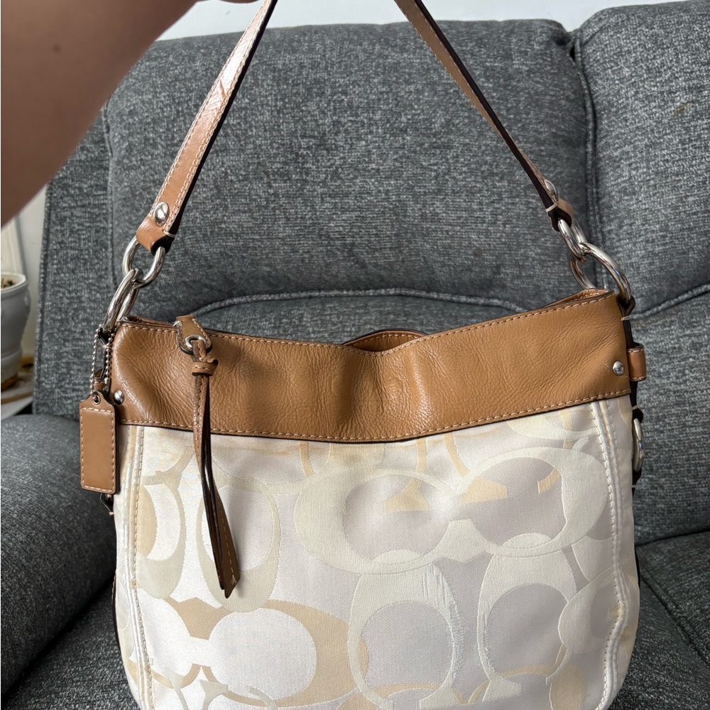 Coach Cream Signature Shoulder Bag with Tan Leather Trim